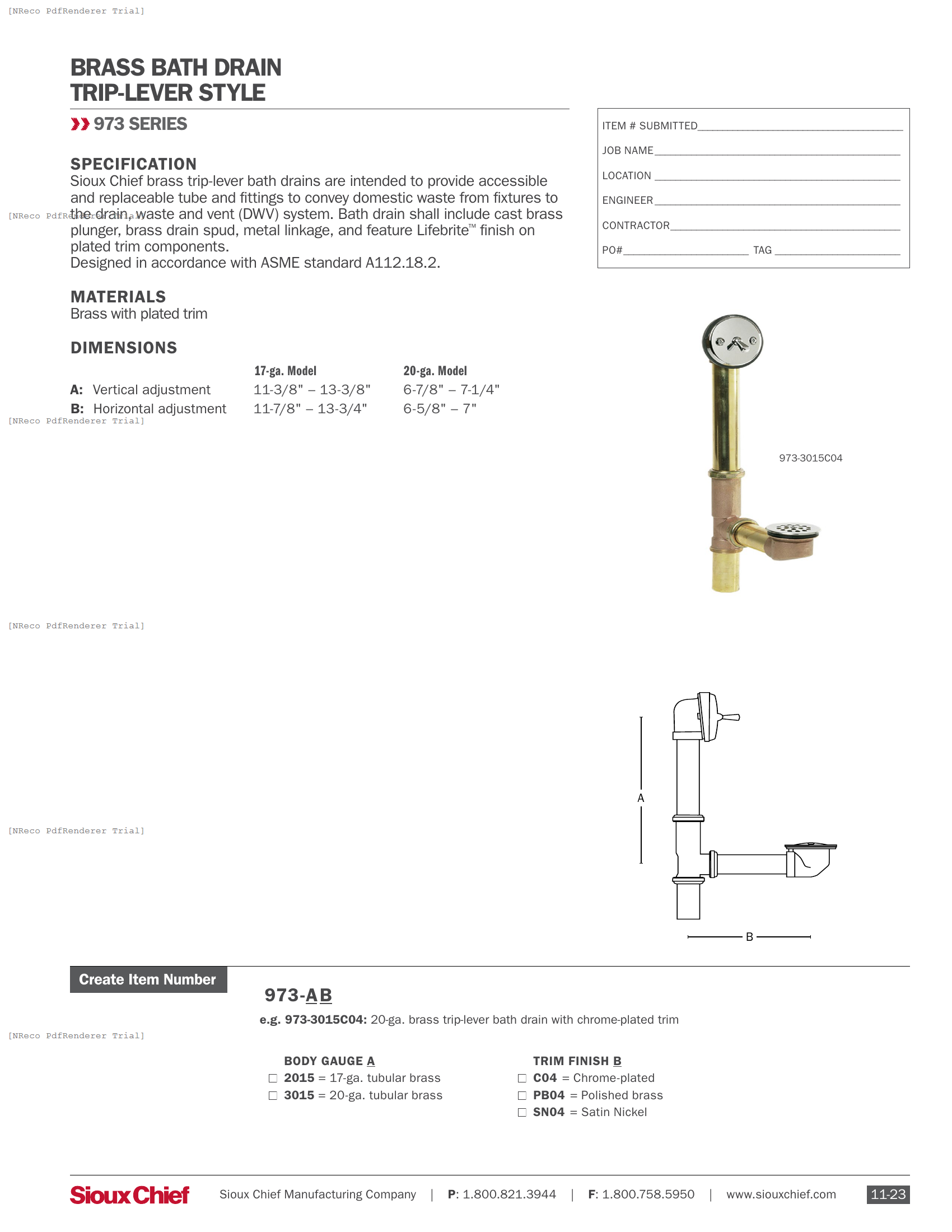 973 SERIES - BRASS BATH DRAIN WITH TRIP LEVER - SPEC SHEET.PDF Specification Document